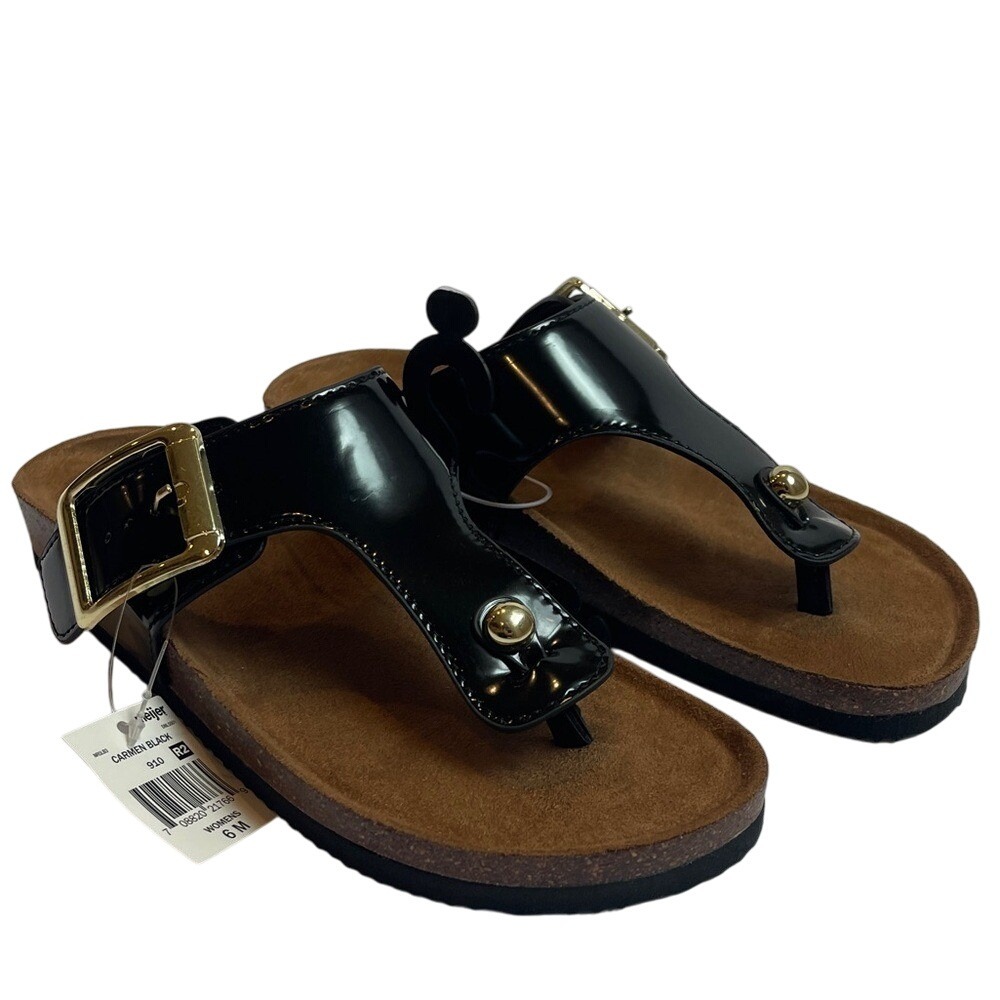 Falls Creek Slip On Black Patent Thong Buckle‎ Sandal 6 NWT